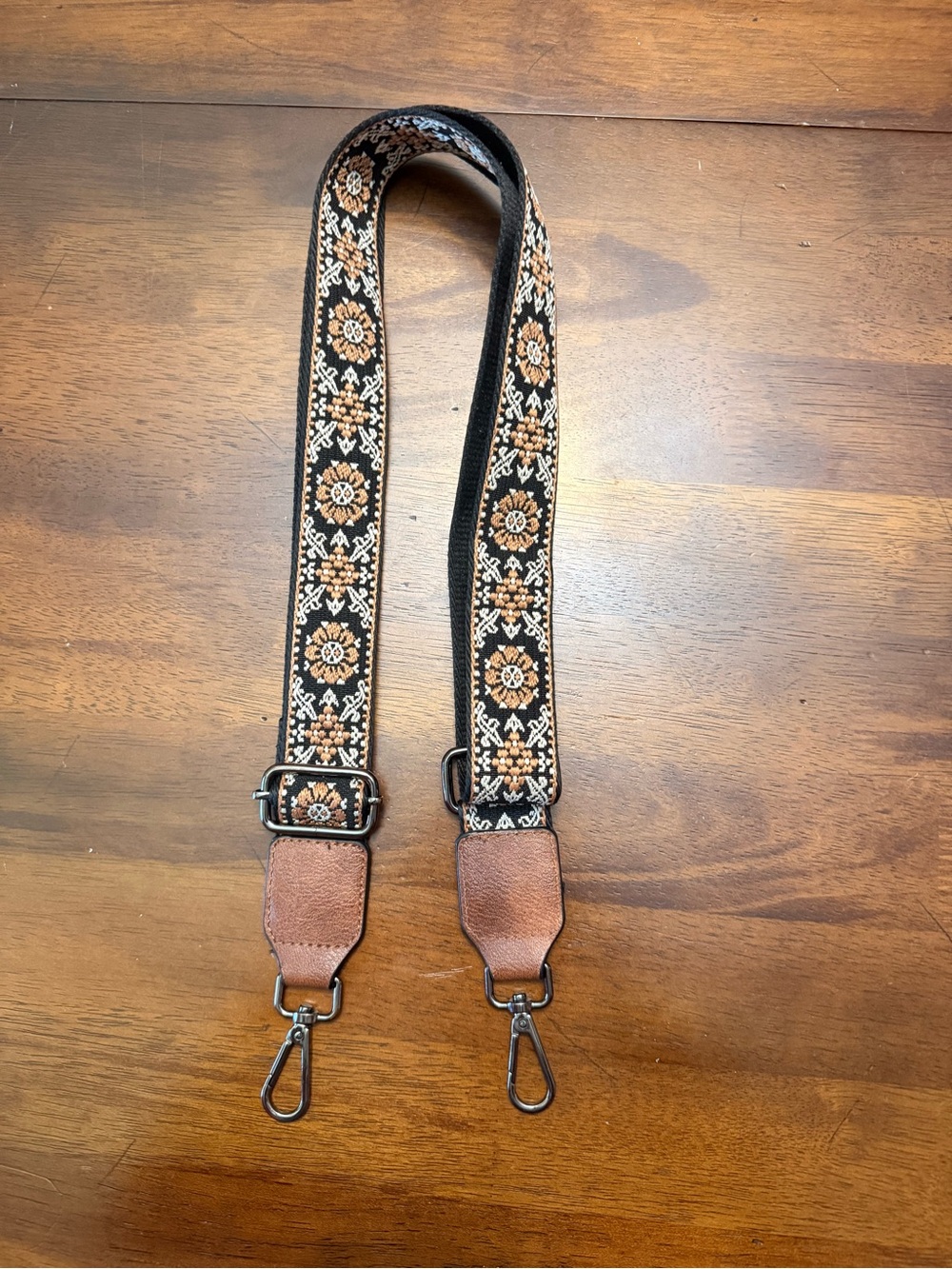 Adjustable Black & Brown Woven Bag Strap with Floral Pattern